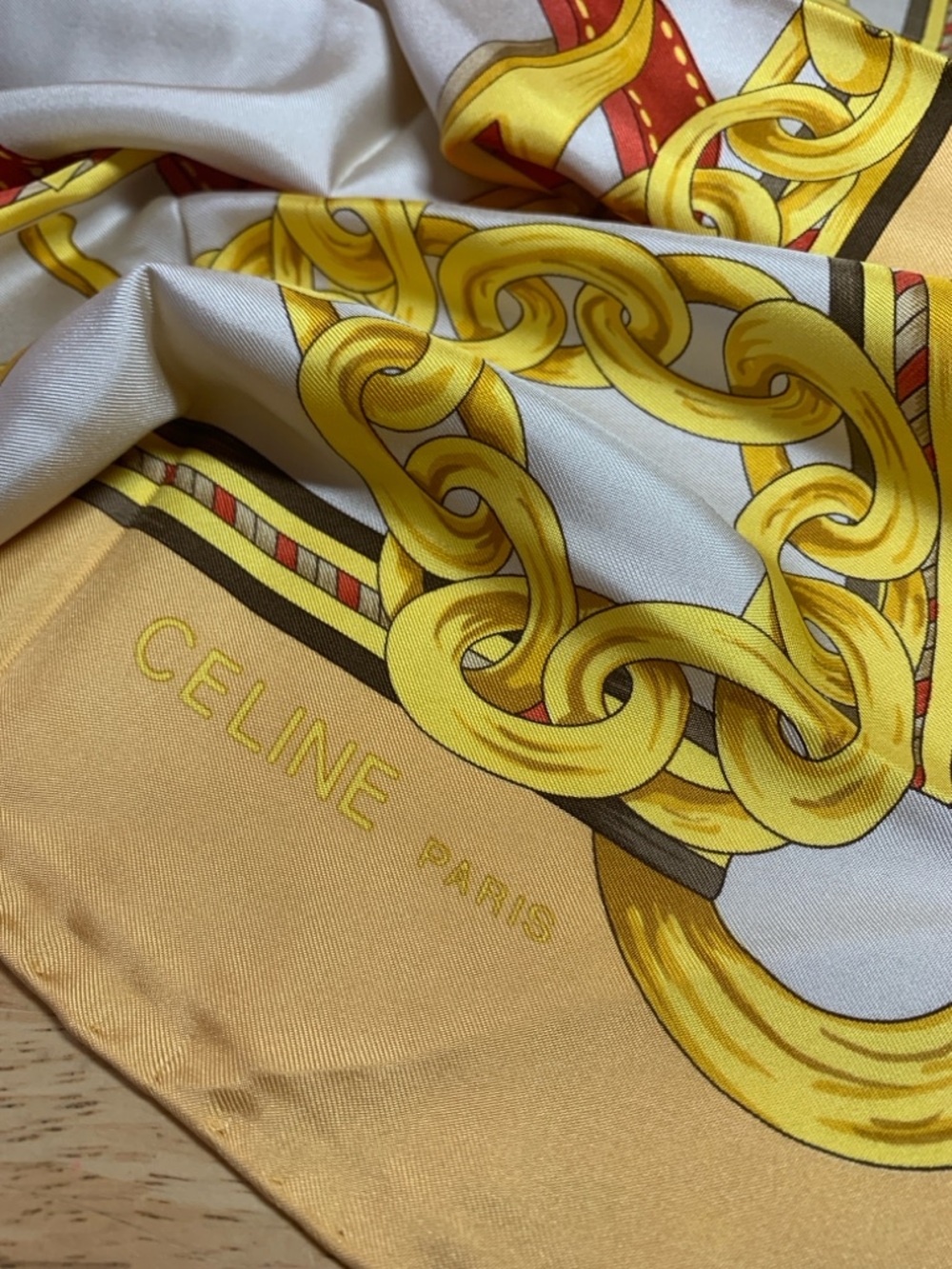 Celine Yellow, Cream & Red Gold Chain Silk Scarf - Picture 10 of 17